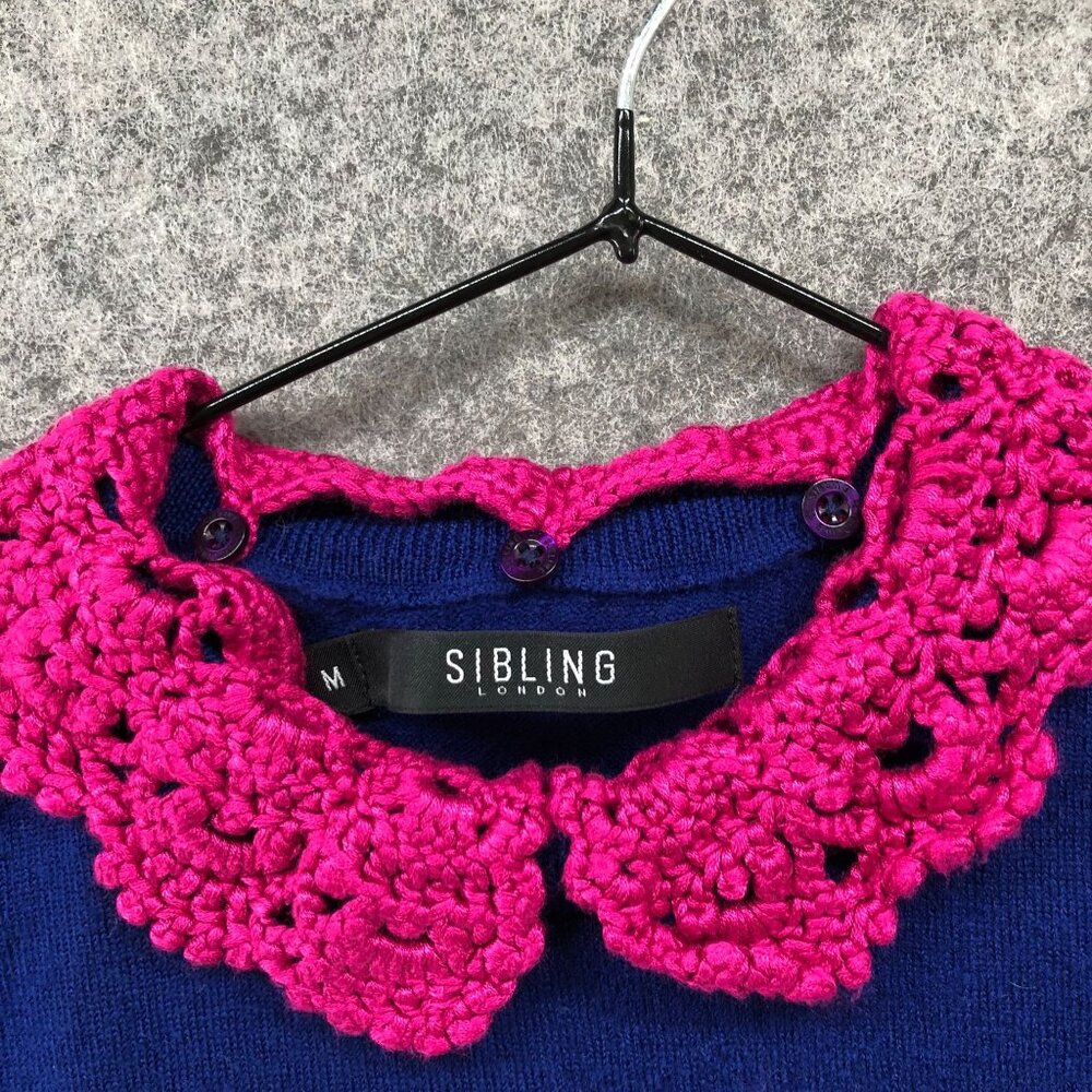 Sibling London Merino Wool Short Sleeve Sweater Women M Crochet Collar Blue Pink - Picture 3 of 8